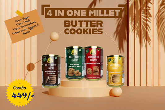 Millet Butter Cookies Combo (Barnyard chocochip,Jowar coconut,Ragi chocolate &cashew &multimillet real fruits and nuts)- 180g each